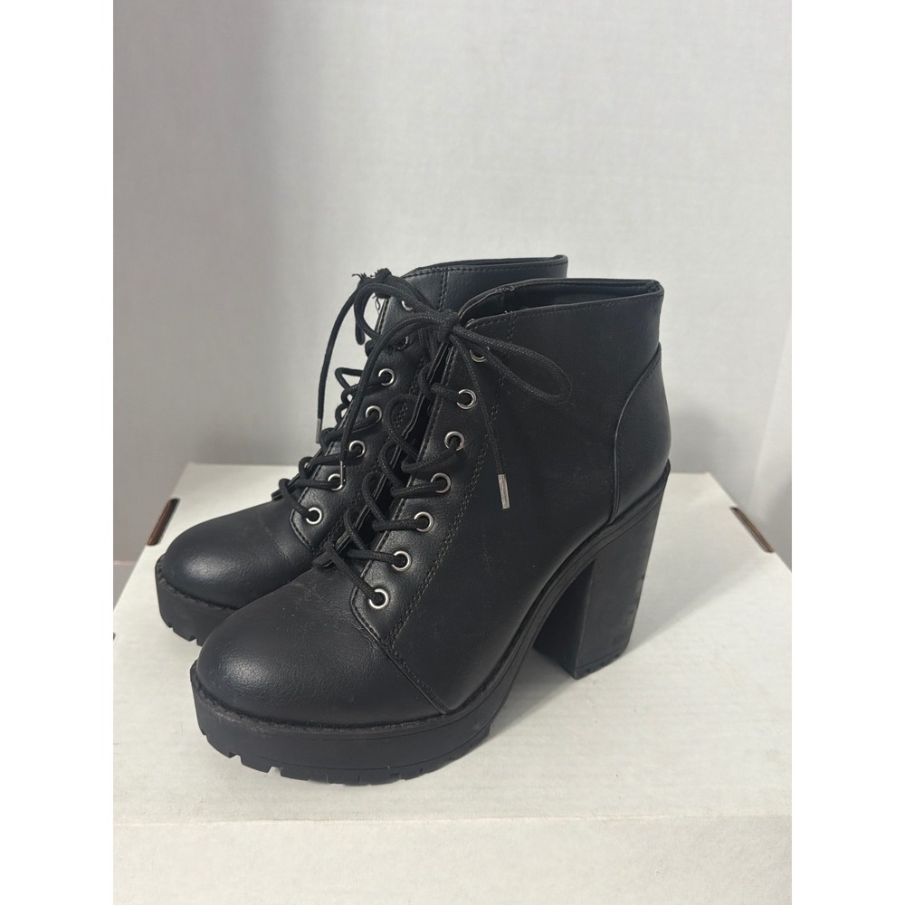 Black Faux Leather Lace Up Platform Ankle Boots Chunky Block Heel Lug Sole